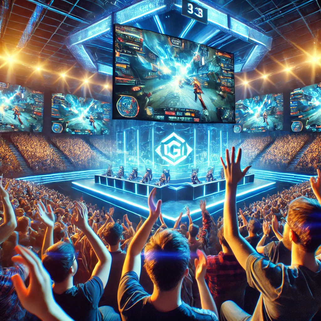 An energetic esports audience actively engaging with a live-streamed gaming event.