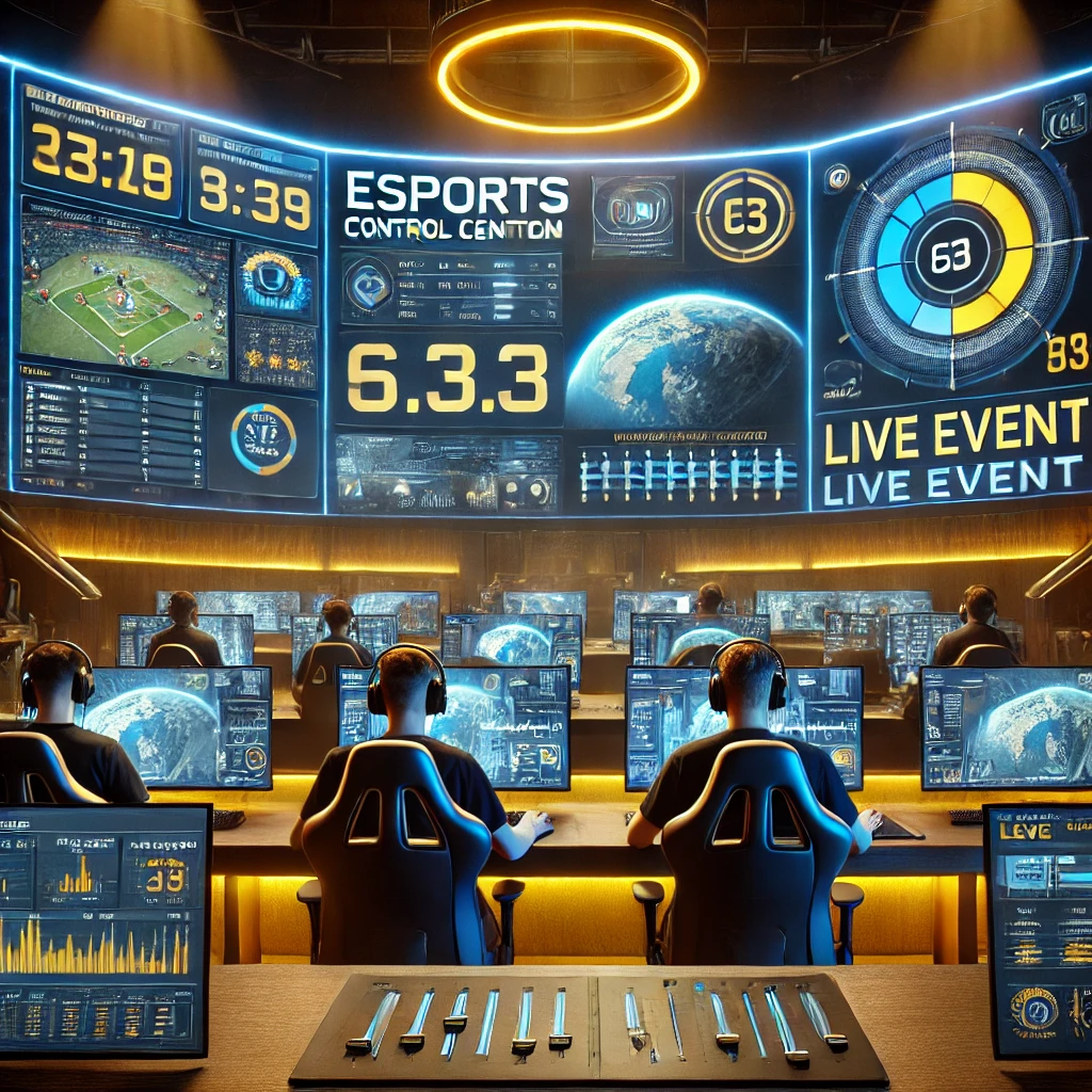 A high-tech esports control center displaying real-time analytics and audience engagement.