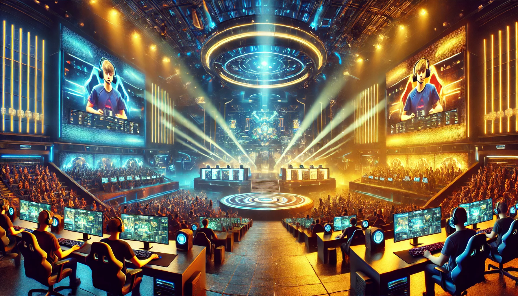 A dynamic esports arena filled with energy, featuring gamers competing on massive screens, a cheering audience, and vibrant lighting effects creating an immersive gaming experience.